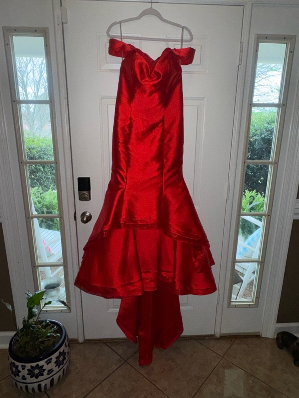 Jovani Red Satin Off-Shoulder High-Low Gown